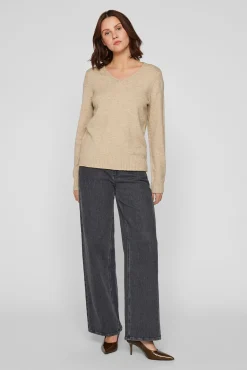 Vila Blusas|Camisolas-Camisola malha gola em bico Castanho