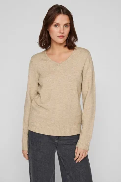 Vila Blusas|Camisolas-Camisola malha gola em bico Castanho