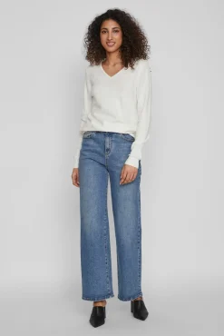 Vila Blusas|Camisolas-Camisola malha gola em bico Branco