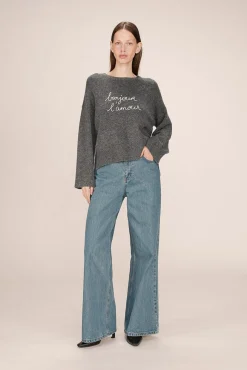 Grace & Mila Camisolas-Camisola oversized de manga comprida com mensagem bordada Cinzento