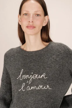 Grace & Mila Camisolas-Camisola oversized de manga comprida com mensagem bordada Cinzento