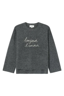 Grace & Mila Camisolas-Camisola oversized de manga comprida com mensagem bordada Cinzento