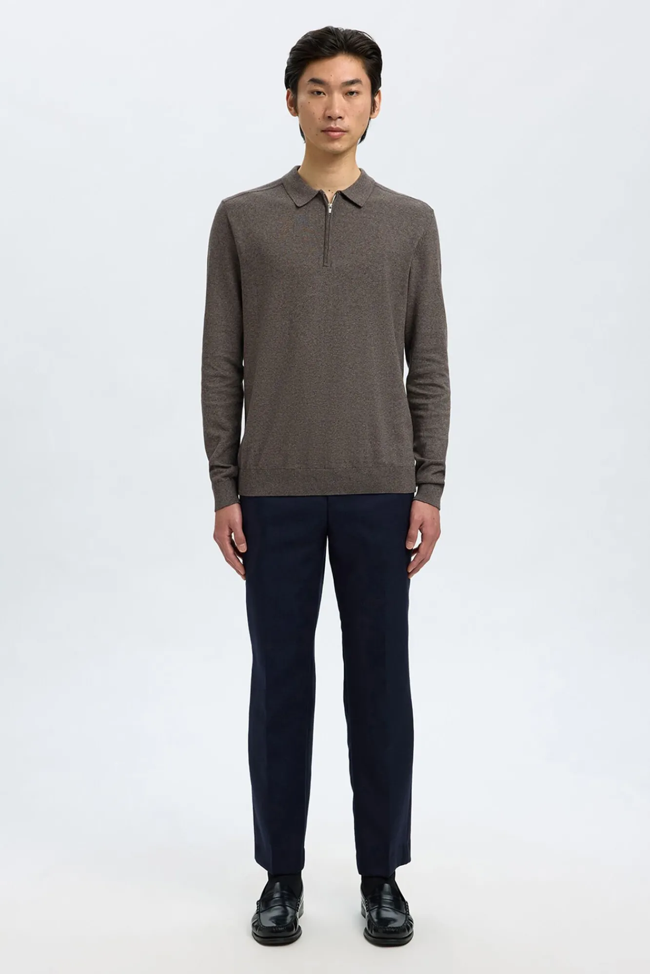 Selected Camisolas-Camisola polo 100% algodão com meia fecho-éclair . Cinzento