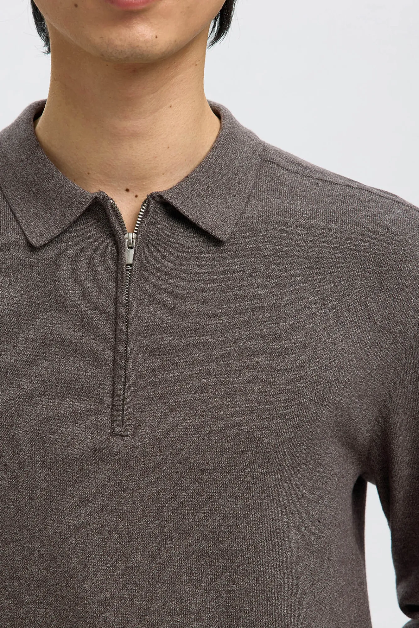 Selected Camisolas-Camisola polo 100% algodão com meia fecho-éclair . Cinzento