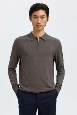 Selected Camisolas-Camisola polo 100% algodão com meia fecho-éclair . Cinzento