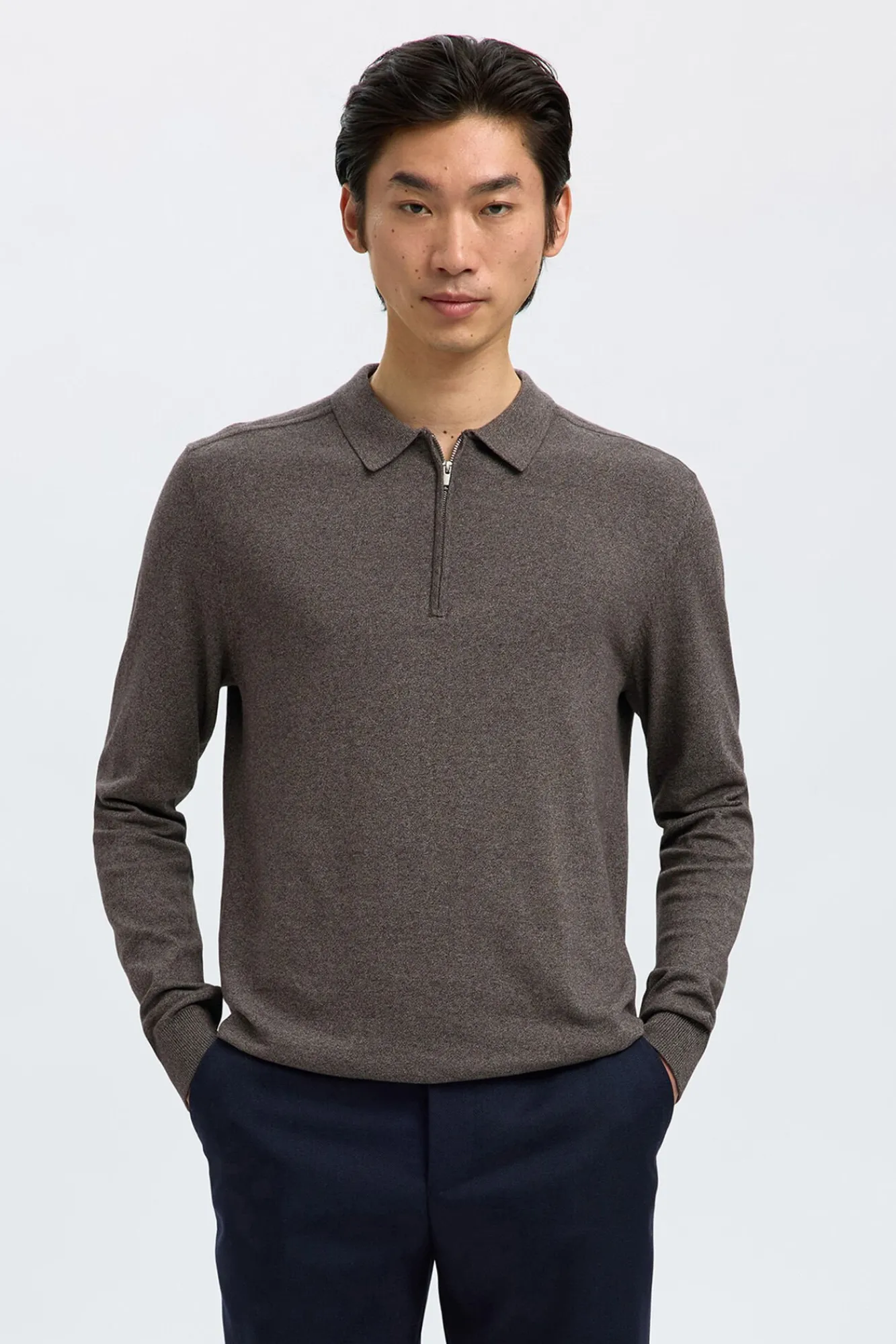 Selected Camisolas-Camisola polo 100% algodão com meia fecho-éclair . Cinzento