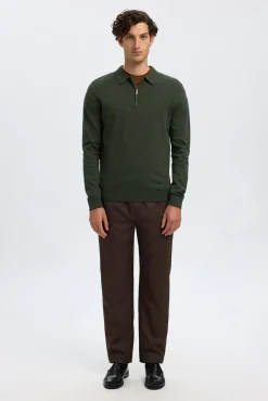 Selected Camisolas-Camisola polo 100% algodão com meia fecho-éclair . Verde