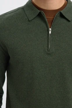 Selected Camisolas-Camisola polo 100% algodão com meia fecho-éclair . Verde