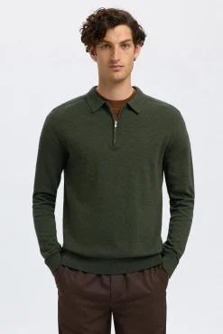 Selected Camisolas-Camisola polo 100% algodão com meia fecho-éclair . Verde