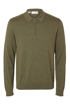 Selected Camisolas-Camisola polo 100% algodão com meia fecho-éclair . Verde