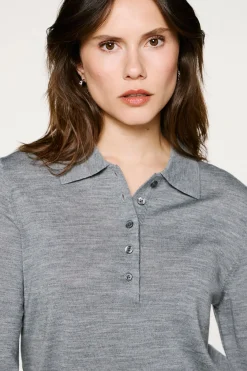 Selected Camisolas-Camisola polo 100% lã merino. Cinzento