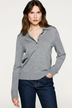 Selected Camisolas-Camisola polo 100% lã merino. Cinzento