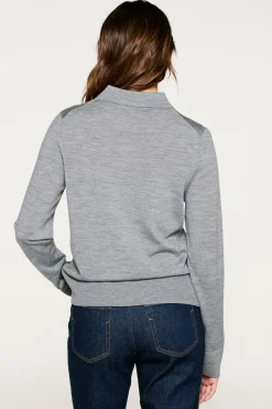 Selected Camisolas-Camisola polo 100% lã merino. Cinzento