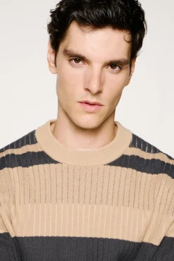 Selected Camisolas-Camisola riscas canelada 100% algodão orgânico. Tostado