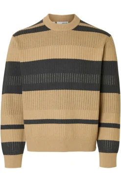 Selected Camisolas-Camisola riscas canelada 100% algodão orgânico. Tostado