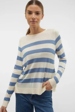 Vero Moda Camisolas-Camisola às riscas de mulher com manga comprida e gola redonda Tostado