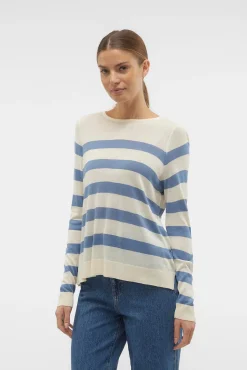 Vero Moda Camisolas-Camisola às riscas de mulher com manga comprida e gola redonda Tostado