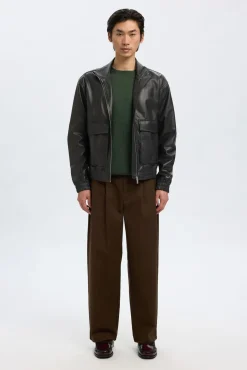 Selected Casacos-Casaco 100% couro de cordeiro Preto