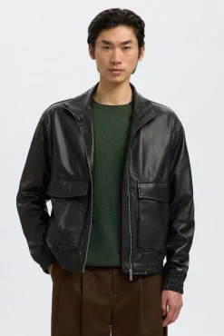 Selected Casacos-Casaco 100% couro de cordeiro Preto