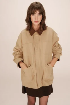 Grace & Mila Sobretudos|Casacos-Casaco 100% sarja de algodão com quatro bolsos frontais Tostado