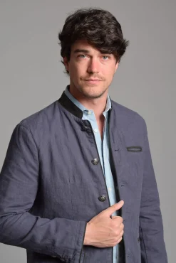 Cloking Casacos-Casaco austríaco de linho e camurça Azul