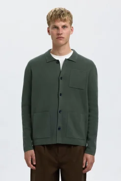 Selected Camisolas-Casaco casaco de malha de algodão orgânico com bolsos. Verde