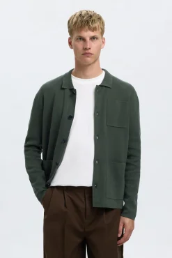 Selected Camisolas-Casaco casaco de malha de algodão orgânico com bolsos. Verde