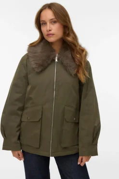 Vero Moda Sobretudos|Casacos-Casaco curto com gola de pele Verde