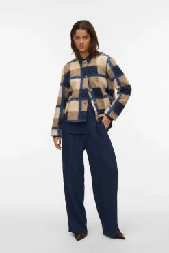 Vero Moda Sobretudos-Casaco de borrego com estampado xadrez Azul