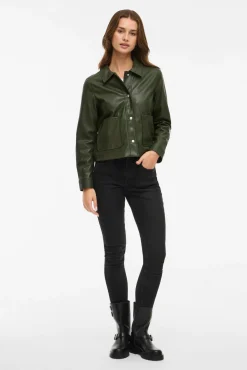 Vila Sobretudos-Casaco de couro sintético com botões Verde