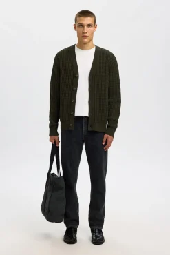 Selected Camisolas-Casaco de malha 100% algodão orgânico com gola em bico Verde