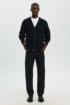 Selected Camisolas-Casaco de malha 100% algodão orgânico com gola em bico Azul