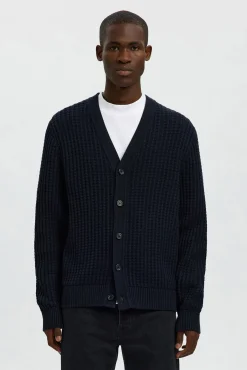 Selected Camisolas-Casaco de malha 100% algodão orgânico com gola em bico Azul