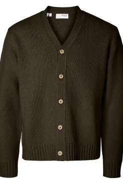 Selected Camisolas-Casaco de malha de lã com gola em V Castanho