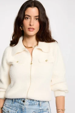 Morgan Camisolas-Casaco de malha de manga comprida com gola de lapela Ecru