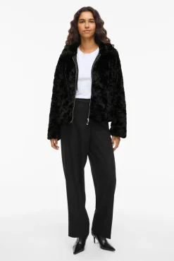 Vila Sobretudos|Casacos-Casaco de pele sobretudo com fecho-éclair Preto