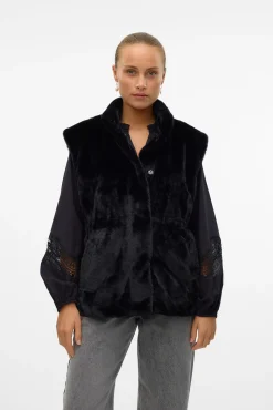 Vero Moda Coletes|Sobretudos-Colete de pele de gola alta Preto