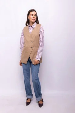 Object Coletes|Sobretudos-Colete trespassado de tweed Castanho