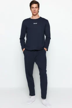 Trendyol Pijamas-Conjunto de pijama marinho estampado regular fit azul