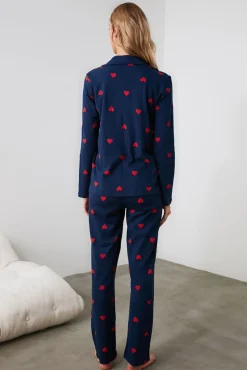 Trendyol Pijamas-Conjunto de pijama camiseiro marinho com corações azul