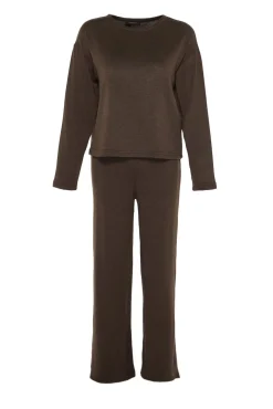 Trendyol Pijamas-Conjunto de pijama canelado marrom cru