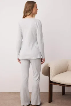 Trendyol Pijamas-Conjunto de pijama cinza mesclado com gola cruzada e detalhe de laço cinzento
