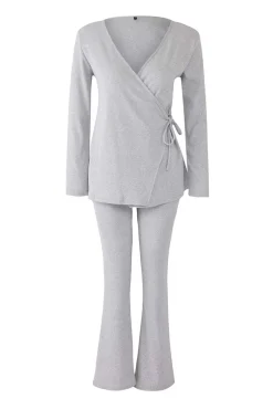 Trendyol Pijamas-Conjunto de pijama cinza mesclado com gola cruzada e detalhe de laço cinzento