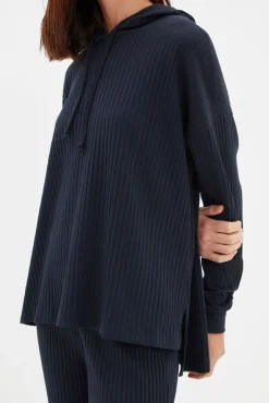 Trendyol Pijamas-Conjunto de pijama com capuz canelado azul