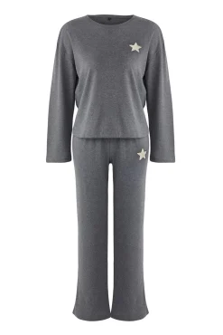 Trendyol Pijamas-Conjunto de pijama com estrelas bordadas em antracite cinzento