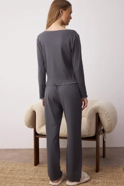 Trendyol Pijamas-Conjunto de pijama de algodão canelado com detalhes de renda cinzento