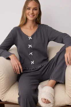 Trendyol Pijamas-Conjunto de pijama de algodão canelado com detalhes de renda cinzento