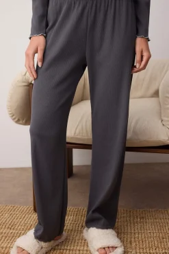 Trendyol Pijamas-Conjunto de pijama de algodão canelado com detalhes de renda cinzento