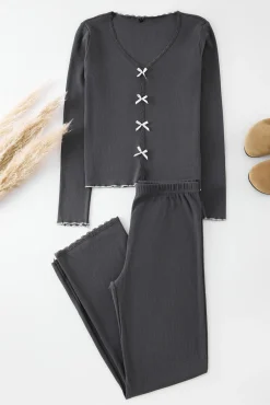 Trendyol Pijamas-Conjunto de pijama de algodão canelado com detalhes de renda cinzento