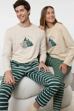 Trendyol Pijamas-Conjunto de pijama de casal de Natal com riscas, corte regular bege